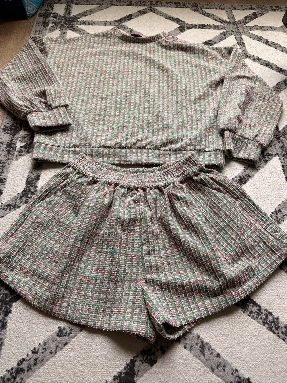 BURU Luxury Pink & Green Woven Tweed 2-Piece Matching Set